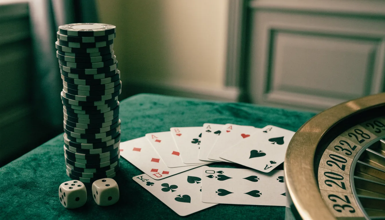 Casino game components arranged on green velvet surface